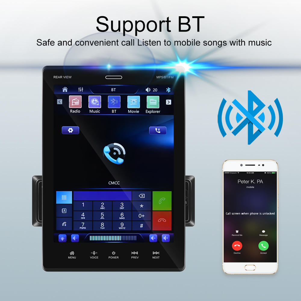 9.5 inch MP5 Vertical Screen Telescopic Car Stereo CarPlay Player Android Auto MP5 Player Mirror Link With Rearview Camera
