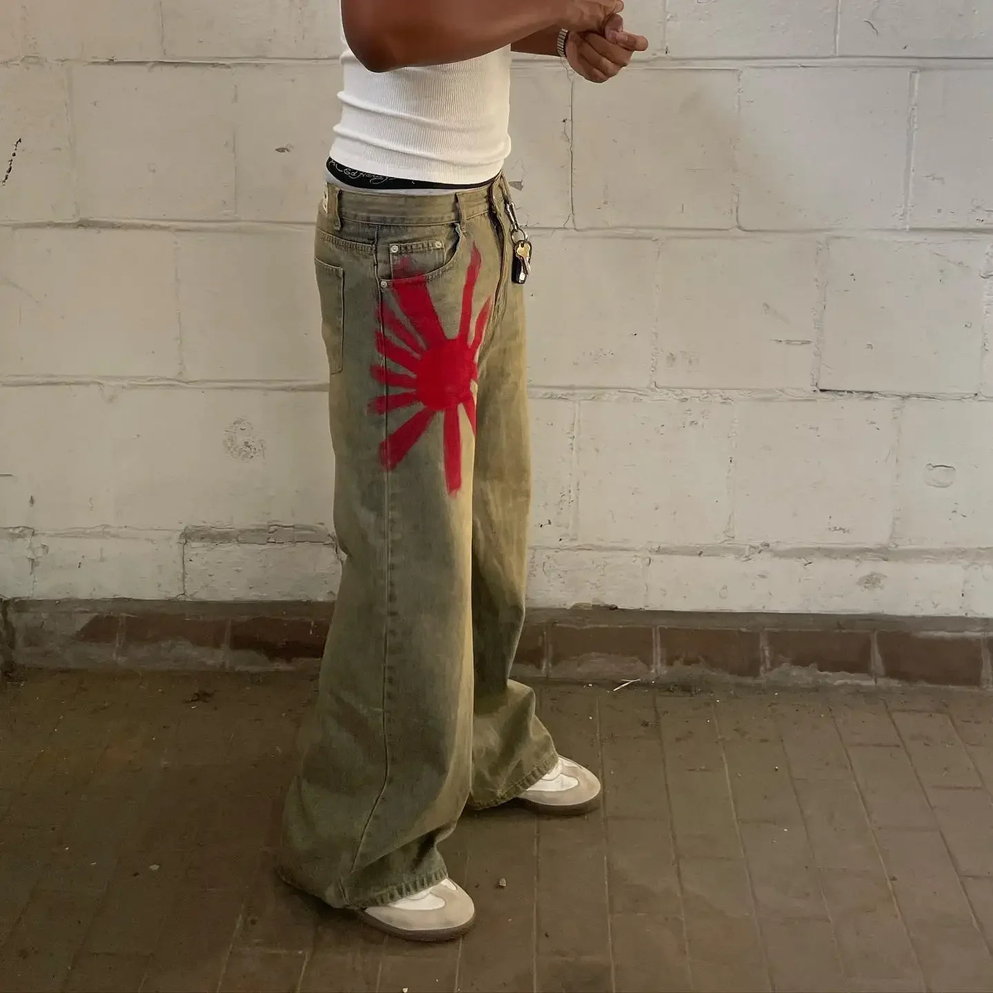 Men's Jeans Letter Prints And Plum Blossom Embroidery Patches American Y2K Hip Hop Printing Straight Men Street Casual Loose Oversized Mopping Wi