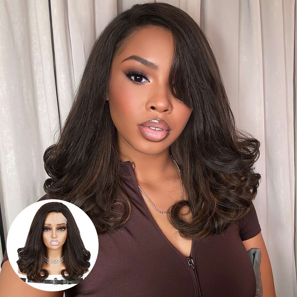 Curly 4X1 Side Part Synthetic Yaki Textural Body Wave Wig Layered Wavy Wigs For Women Heat Resistant Fiber Daily Life Party Or Cosplay Use