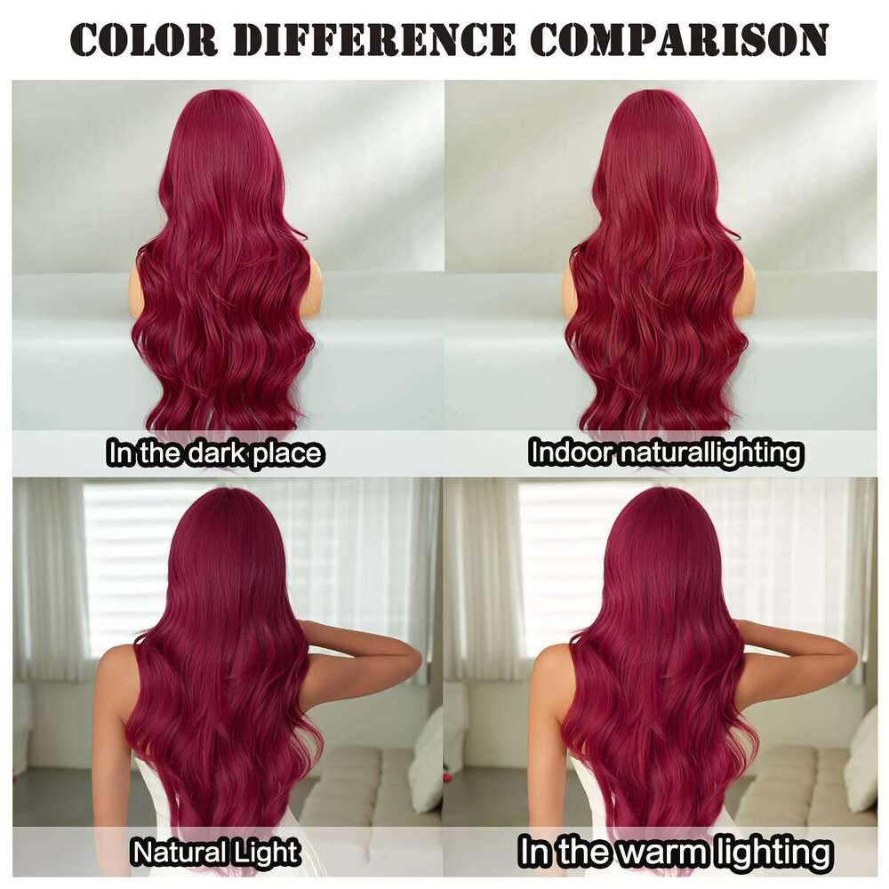 NAMM Women's Long Body Wave Purple Red Cosplay Wig With Neat Bangs Heat-Resistant Synthetic Fiber, High Density 150%, Glueless Rose Net Cap For H