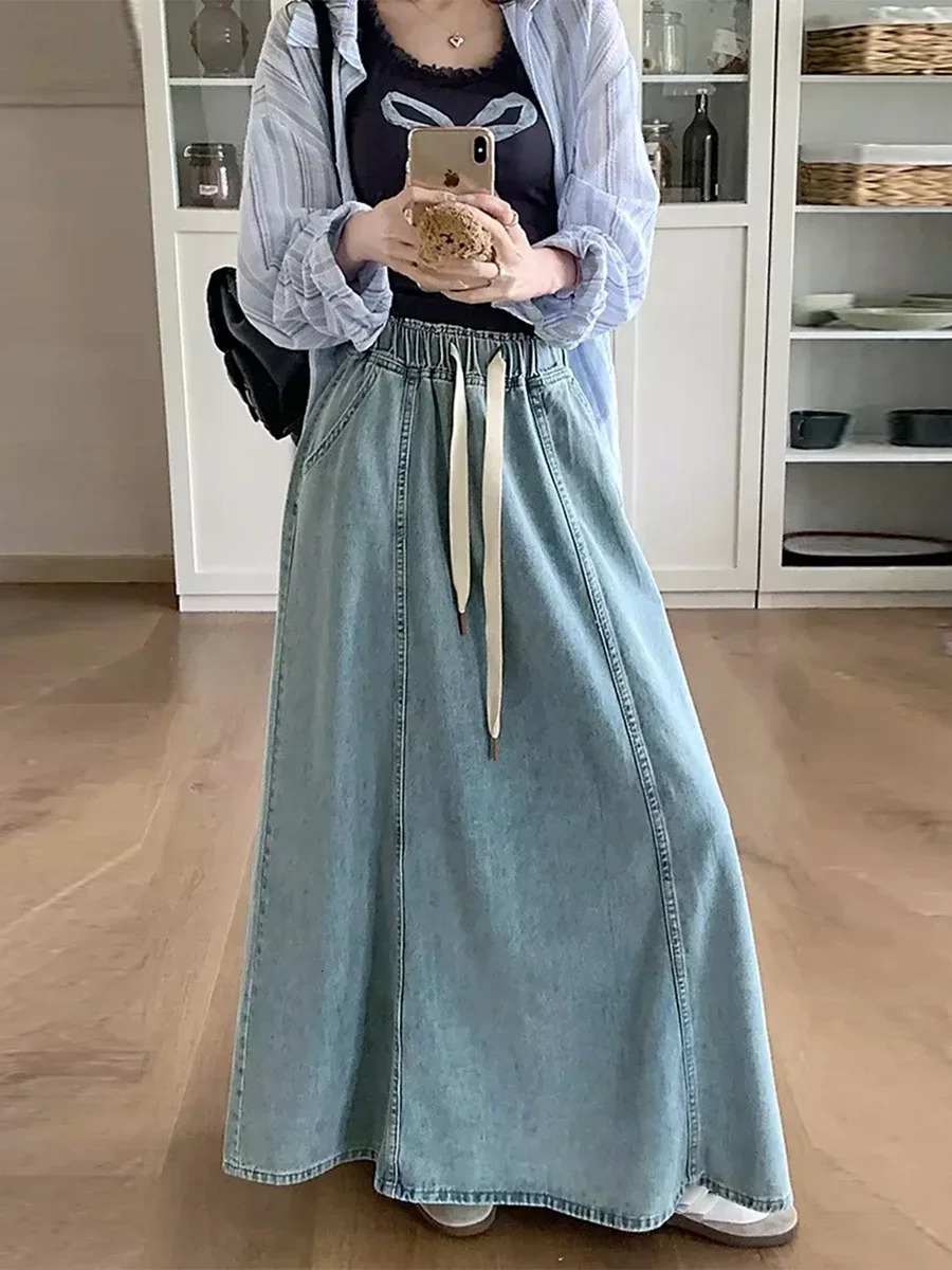 Harajuku Denim Skirt y2k Aesthetic Elastic Drawstring High Waist A Line Flare Jean Ladies Vintage Skirts Streetwear 251027