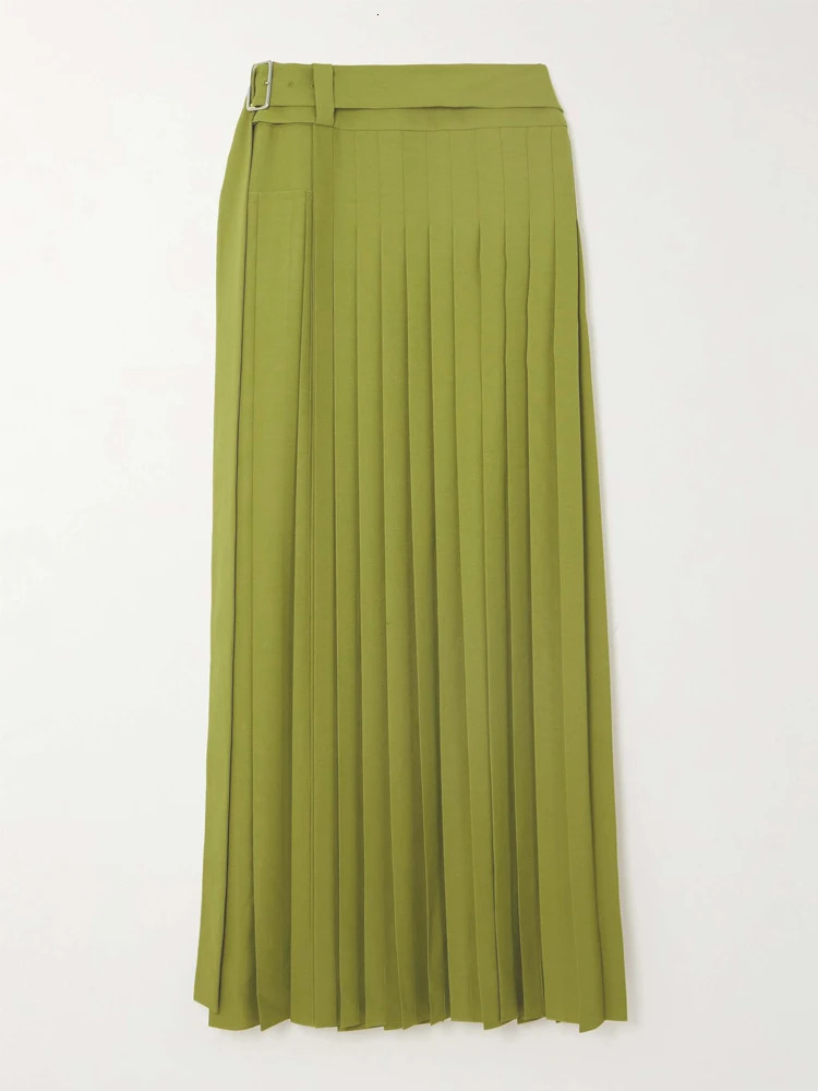 Beautyblue Elegant Retro Green Pleated Skirt Womens Long Skirts Fashion Loose High Waisted SplitSide with Belt y Bottoms 251027