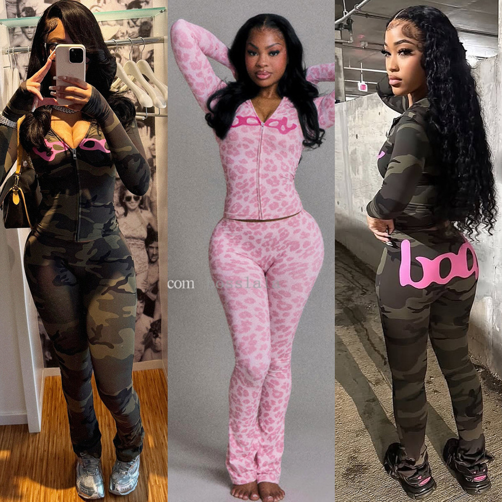 Designer Tracksuits Spring Autumn Women's New Fashion Hooded Camouflage Print Long Sleeve Sports Trendy Slim Fit Long Pants Two Piece Set