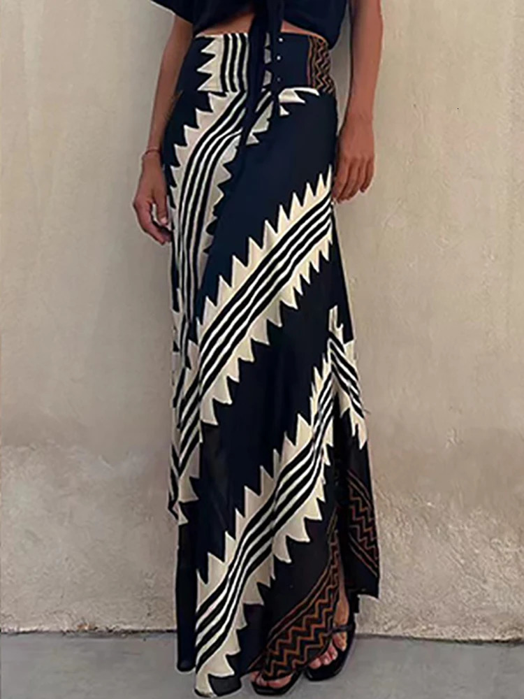 Boho Retro Patchwork Print Skirt Women Summer High Waist ALine Elastic Long Skirts Casual Holiday Beach Drop 251027