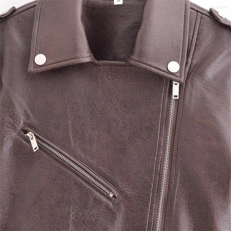 Women's Jackets Autumn Zipper Decoration Imitation Leather Motorcycle Style Collar Long Sleeve Jacket Coat