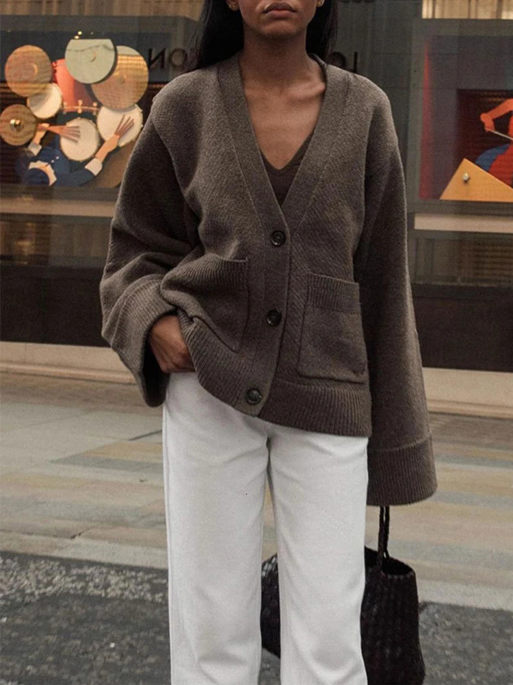 Solid Color Knitted Cardigan for Women Elegant Long Sleeves Vneck Single Button Coat Female Casual Autumn Winter Sweater Tops 2 251027