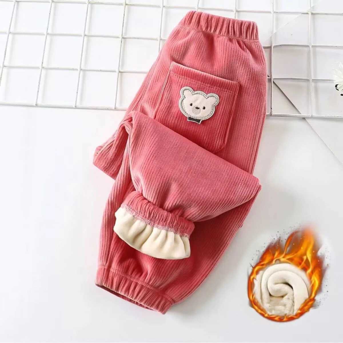 1pcs Boy Girl Winter Velvet Corduroy Kids Pants Little Bear Cartoon Mid Waist Warm Pantalones Baggy Thick Plush Children TrouserT251027