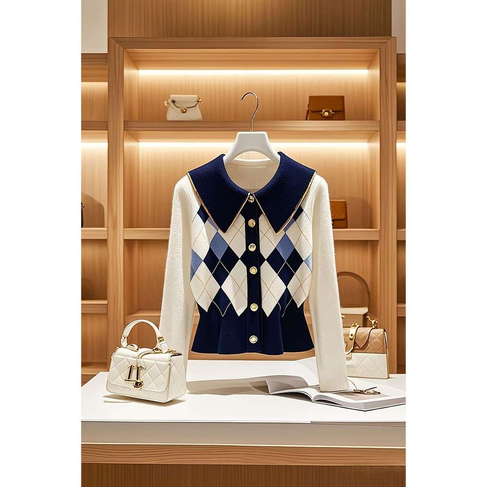 Elegant Blazer Elegant Women's Tailored Blazer Navy & White Contrast, Golden-Tone Buttons, Dia-Patterned, Hine Washable, Structured Collar For