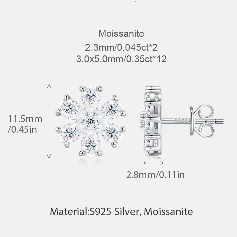 Six Pear Stones Moissanite Stud Earrings Hypoallergenic S925 Silver White Women Jewelry Earrings for Women Snowflake Earrings