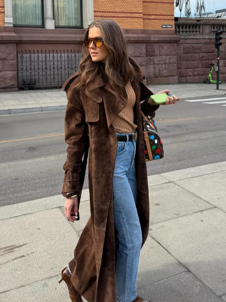 Brown Long Suede Overcoat Women Fashion Solid Chic Lapel Single Breasted Loose Outerwear Lady Autumn Daily Highstreet Jacket 251027
