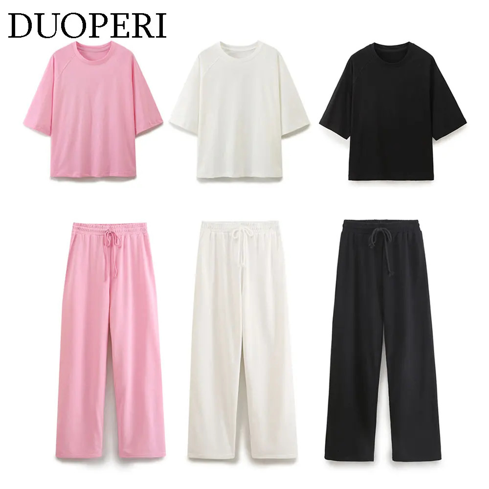 DUOPERI Women Fashion 2 Pieces Sets Solid Loose TShirt and High Elastic Waist Trousers Female Chic Lady Casual Pant Coordinates 251013