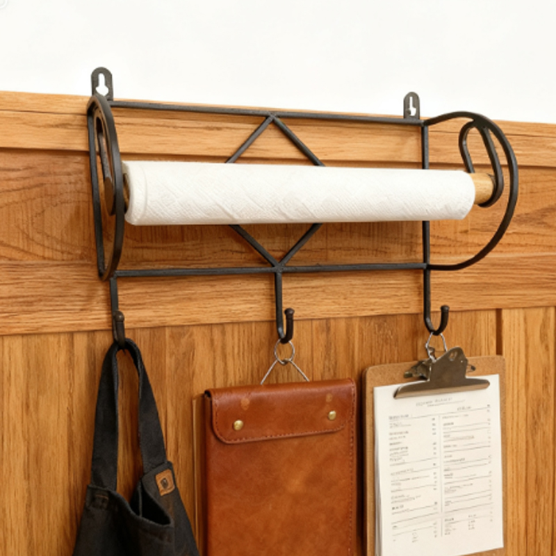 Multi-Functional Iron Heart Paper Towel Holder & Hook Rack, Wooden Roller Wall-Mounted Organizer for Farmhouse Kitchen