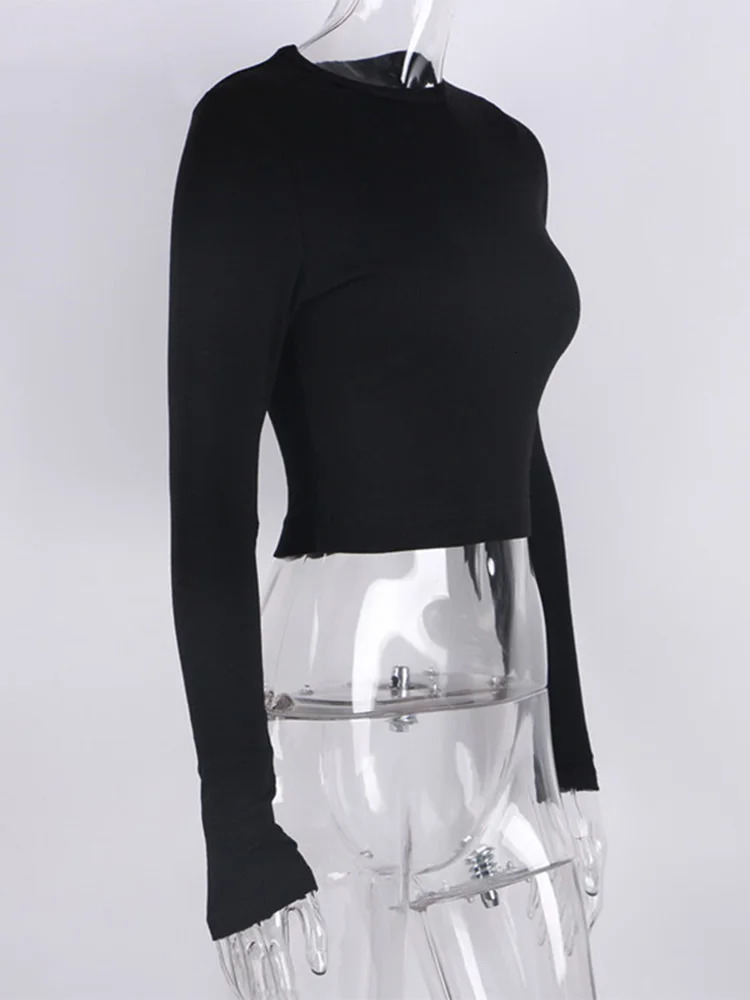 O Neck Long Sleeve Shirt Women Ribbed Sexy Cropped Tops Spring Black Casual Skinny Slim Basic Woman T Shirts White 251027