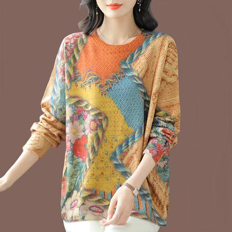 plus size women's new long sleeve high waist printed banquet dress mid-length skirt D02761