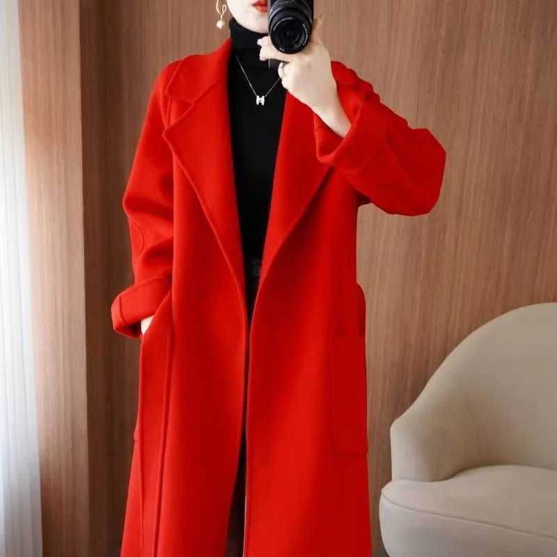 Womens Wear 100 Wool Coat AutumnWinter Fashion Temperament Double sided Cashmere Coats with Belt Elegant Long Overcoat M251027