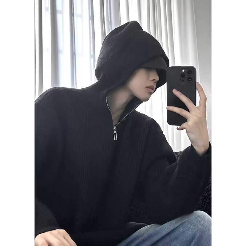 American Style Designer Sweater Casual Jacket Half Zipper Hooded Sweater Men's Autumn And Winter Trendy Brand Loose Lazy Style Knitted Sweater