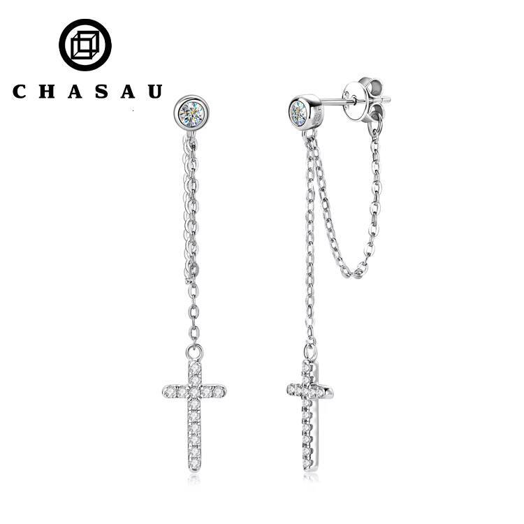 3mm Moissanite Earring 18K Gold Plated 925 Sterling Silver Link Chain Dangle Moissanite Cross Drop Stud Earrings