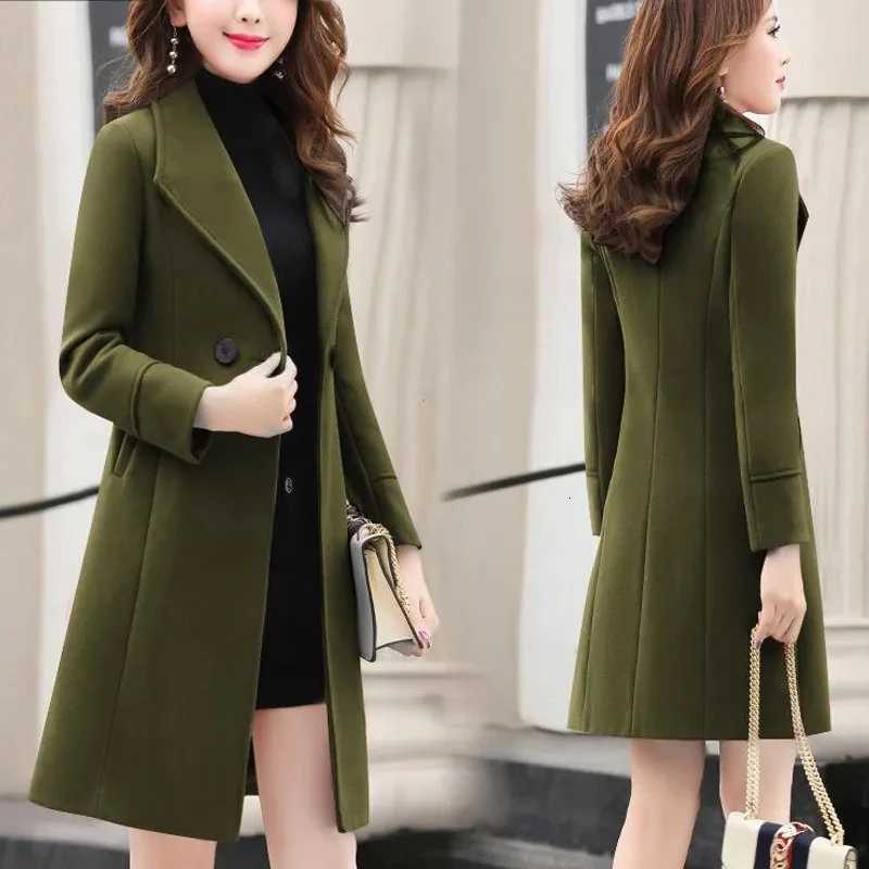 Fashion Winter Jacket Womens Double Breasted Wool Coat Solid Color Korean Slim Female Woolen Jacket MidLong Jacket M251027
