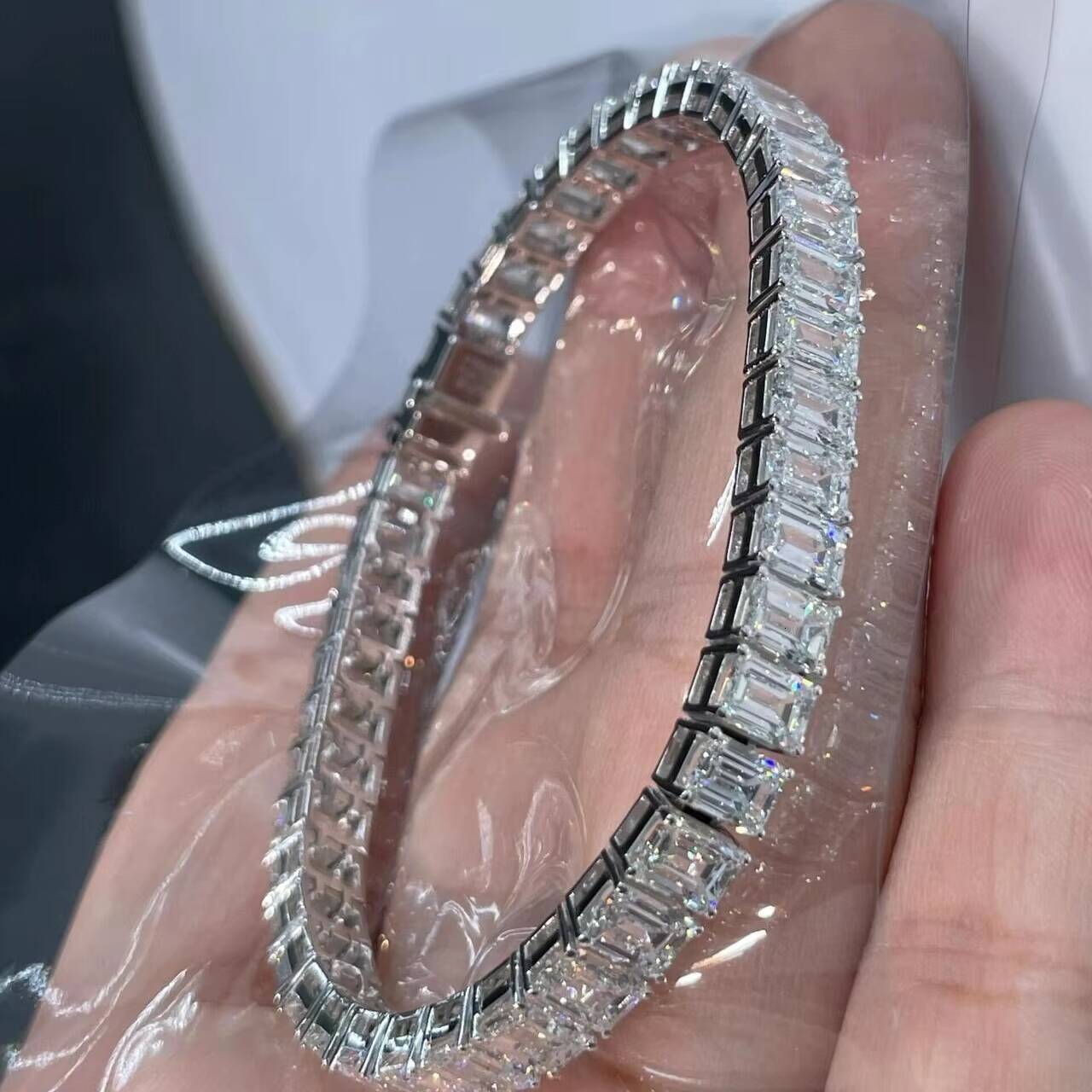 Custom Made 14K Solid White Gold VVS1 Emerald Cut Lab Grown Diamond Tennis Bracelet for Unisex