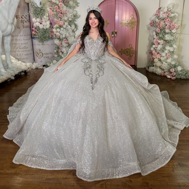 Light Silver Shiny Quinceanera Dresses Off The Shoulder Sequin Applique Beading Crystal Tull Party Birthday Sweet 16 Dress Vestidos 15 De Anos