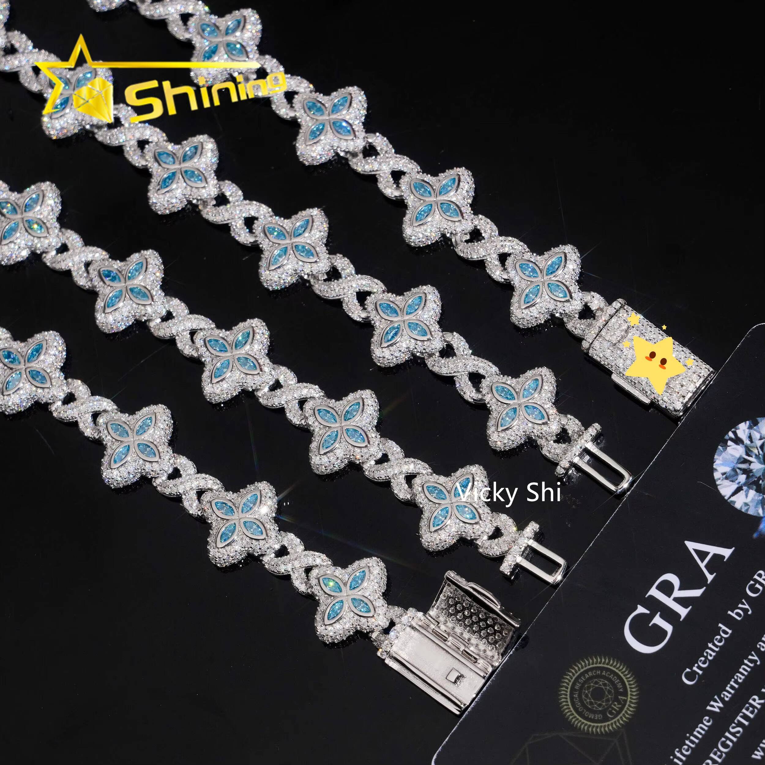 Popular Blue Color Clover Cuban Chain Moissanite Fine Jewelry Custom Iced Out 925 Silver Men Cuban Link Moissanite Necklace