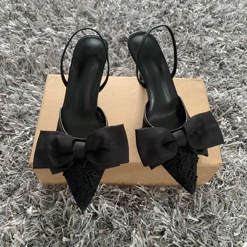 Designer Bow String Bead Women Wedding Pumps Mesh Embroidered Flowers Back Strap Sexy Slingback High Heel Dress Shoes for LadiesXJ251027