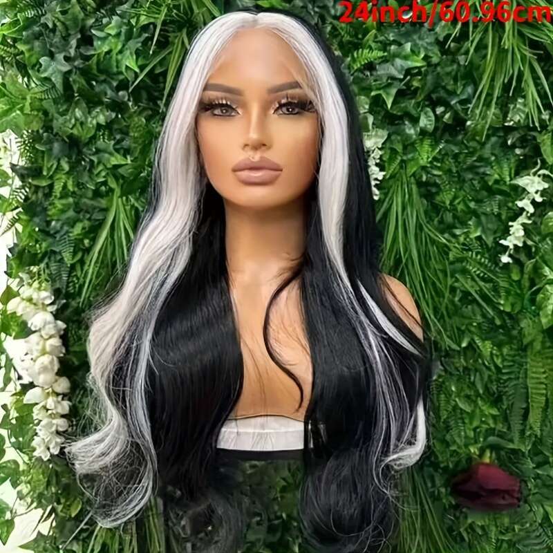 13X4 Fashionable Black Wig With White Highlights Women's Body Wave Synthetic 24 Inches - Perfect For Daily Wear, Work, Vacation, Party, Christmas