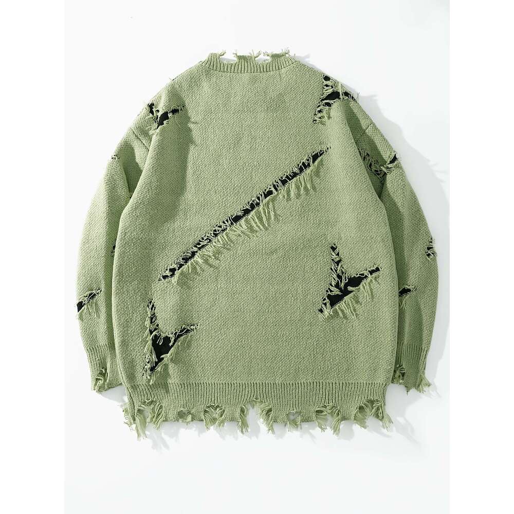 Men's Casual Streetwear Sweater - Relaxed Fit Drop Shoulder, Distressed Letter Embroidery & Ripped Details, Long Sleeve Pullover For Autumn Winte