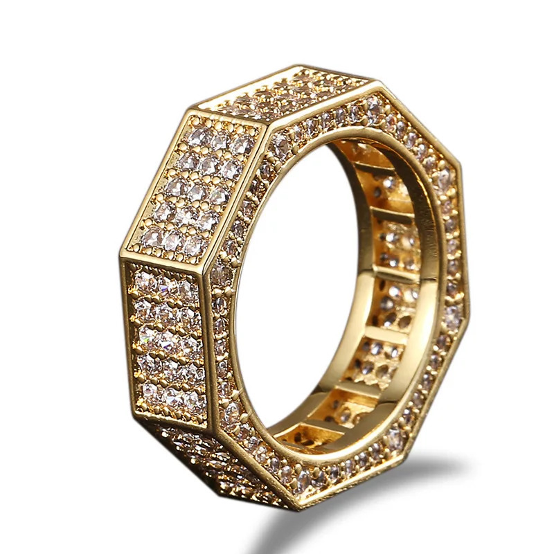 Hip Hop Micro Paved Cubic Zirconia Bling Ice Out Geometric Octagon Finger Rings for Men Rapper Jewelry Gold Silver Color 251023