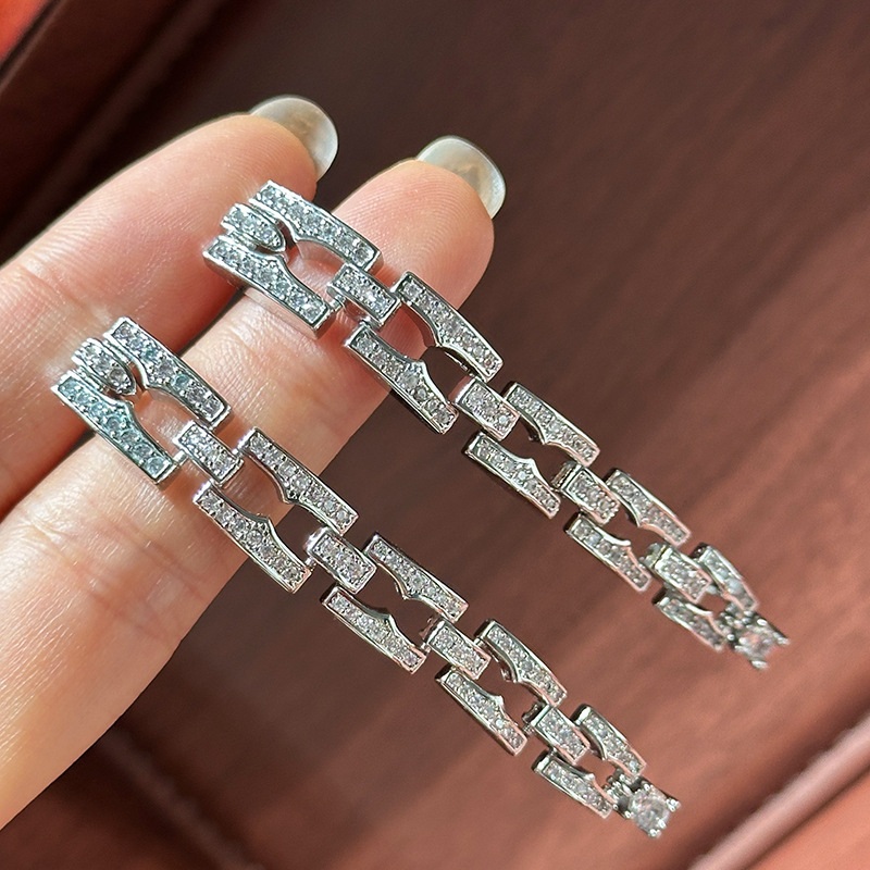 Sier Needle Inlaid Zircon Square Chain Pendant Exquisite Elegant Commuting Versatile Earrings Light High-end Feel Ear Jewelry - view 4