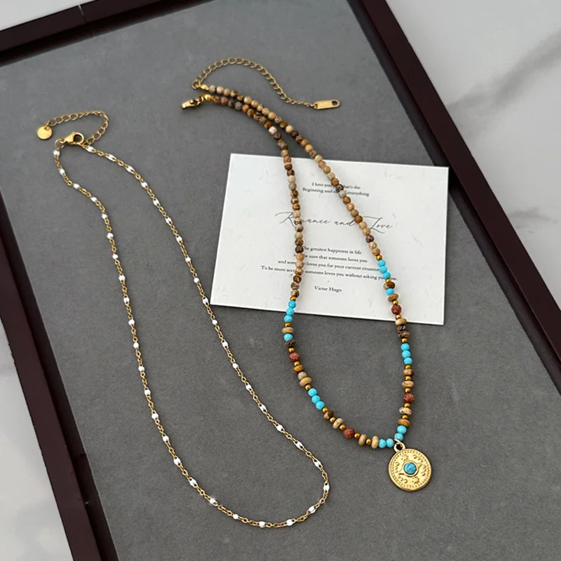 Gold Color Stainless steel Chain Bead Round Pendant Doublelayer Necklace For Women Trendy Jewelry Christmas Fashion Accessories 251020