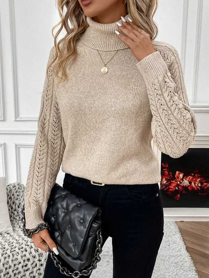 High Neck Knit Sweater 100 Acrylic Hollow Weave Loose Fit Womens Casual Pullover for FallWinterT251027