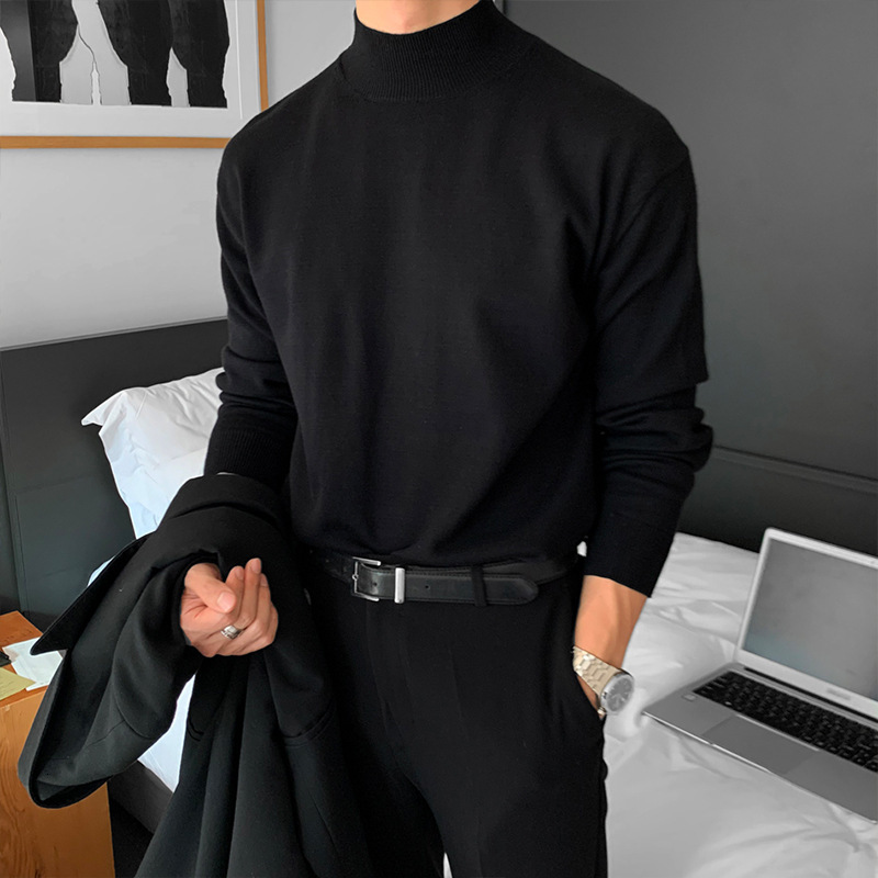 Spring And Autumn High-end Half turtleneck Sweater For Men Korean Style Designer Sweater Loose Casual Solid Color Mid-neck Knitted Base Shirt Long Sle