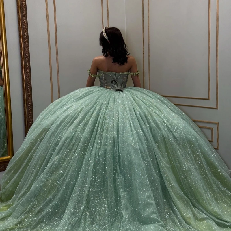 Sage Green Quinceanera Dresses Off The Shoulder Lace Beading Crystal Tull Party Birthday Sweet 16 Dress Vestidos 15 De