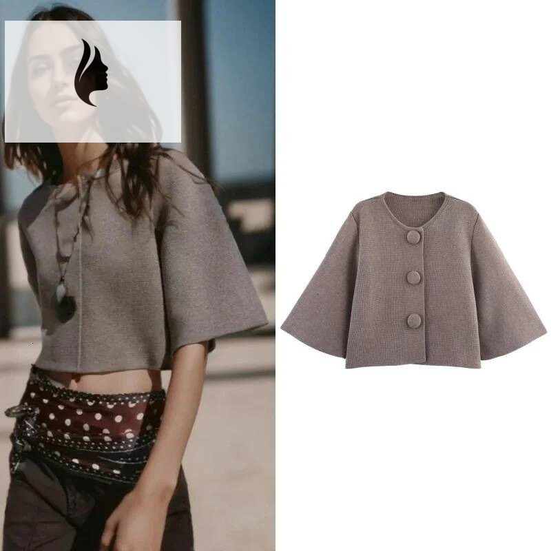 winter jacket women Tidalyf Women Short Knit Cardigan Fabric Covered Buttons Round Neck Loose Fit Elegant Chic Casual Autumn Sweater