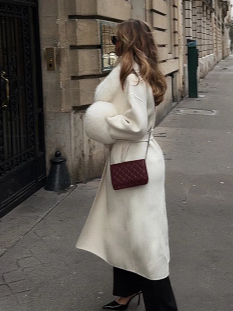 LaceUp Long Overcoat Womens Coat Office Lady Elegant Woolen Furry Patchwork Long Sleeve Coats Loose Cardigan Jackets 251024