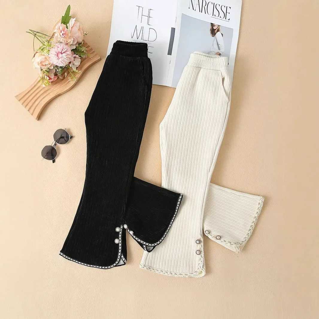2025 Winter Girls Chenille Flared Pants Thick Fleece Lined Bell Bottoms with Lace Trim Warm Cute Casual TrousersT251027