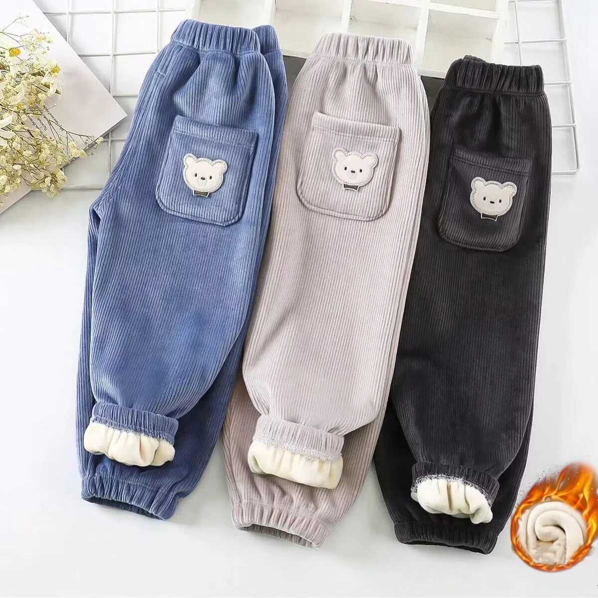 1pcs Boy Girl Winter Velvet Corduroy Kids Pants Little Bear Cartoon Mid Waist Warm Pantalones Baggy Thick Plush Children TrouserT251027