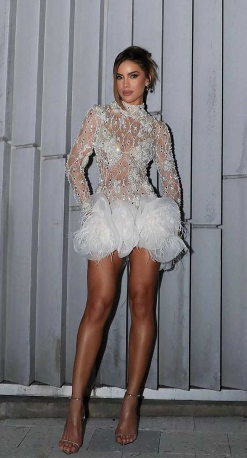 Modern Short Evening Dress Full Sleeve Feather Prom Gowns High Neck Beads Lace Sexy Prom Dress vestidos de novia Size Customized L252806