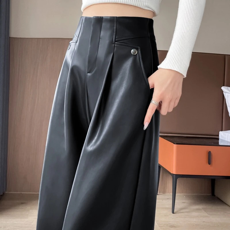 Autumn Winter Vintage High Waist Womens Black PU Leather WideLeg Pants Pockets Casual Loose FloorLength Female 251027
