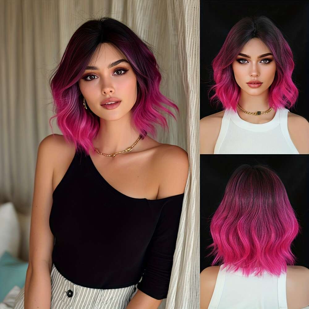 NAMM Women's Short Black To Pink Purple Ombre Wig - Heat-Resistant Synthetic Hair With Bangs & Layered Bob Cut, Glueless Cosplay Costume Wigs For