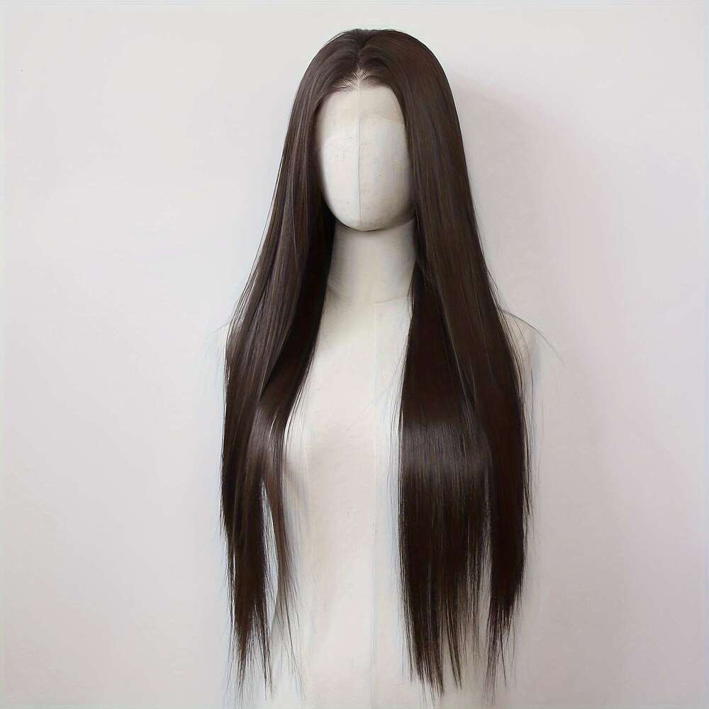 Unisex-Adult Synthetic Lace Front Wig 13X3 - Pre Plucked Glueless Heat Resistant Fiber Hair, Long Straight Basics Style, 180% Density, Honey Chocolate