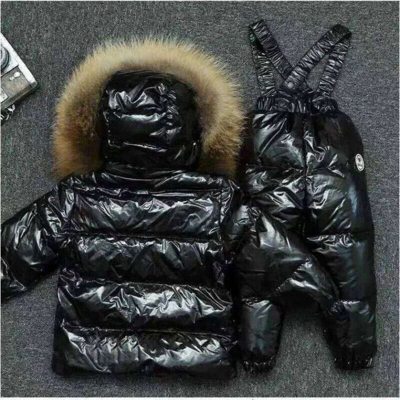 New Winter Kids Boutique Clothing 2 Pieces Sets Down Jacket Suspender Trousers Big Fur Collar Warm Soft Unisex Ski Suit