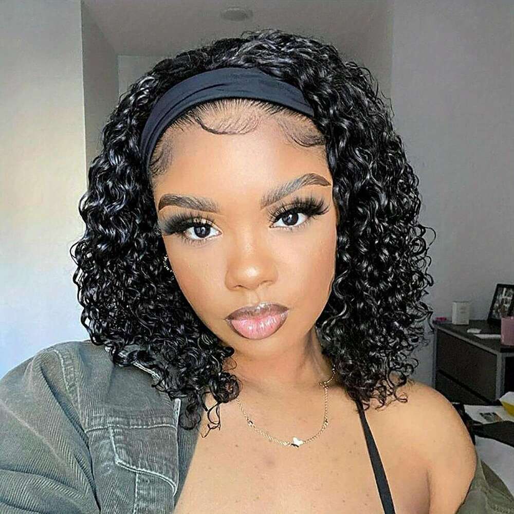 14" Jerry Curly Headband Wig - 100% Human Hair, Glueless, Natural Black, Soft Bouncy Curls, Easy Wear & Go With Stylish Headbands, Breathable Cap