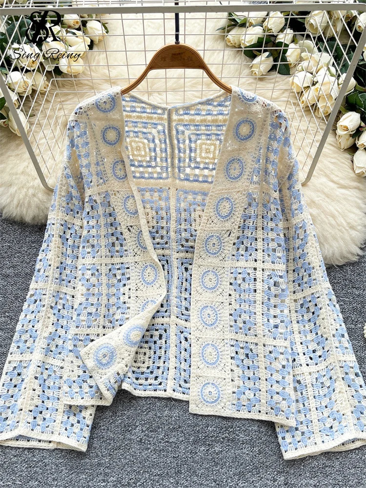 SINGREINY Vintage Boho Loose Plaid Cardigans Female Long Sleeves Hook Flower Hollow Tops 2025 Vacation Sunscreen Casual Shirt 251027