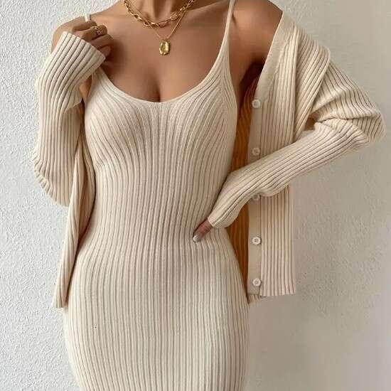 Autumn Winter New Solid Color Slim Fit Camisole Knitted Sweater Homewear Nightdress Two-Piece Set For Women 9868