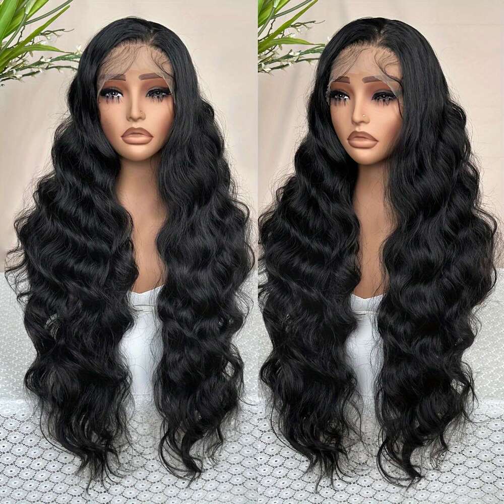 Daily Wear Elegant 32" Black Body Wave Lace Front Wig Women 13X6 Transparent, Adhesive Synthetic Hair With Loose Waves, Perfect