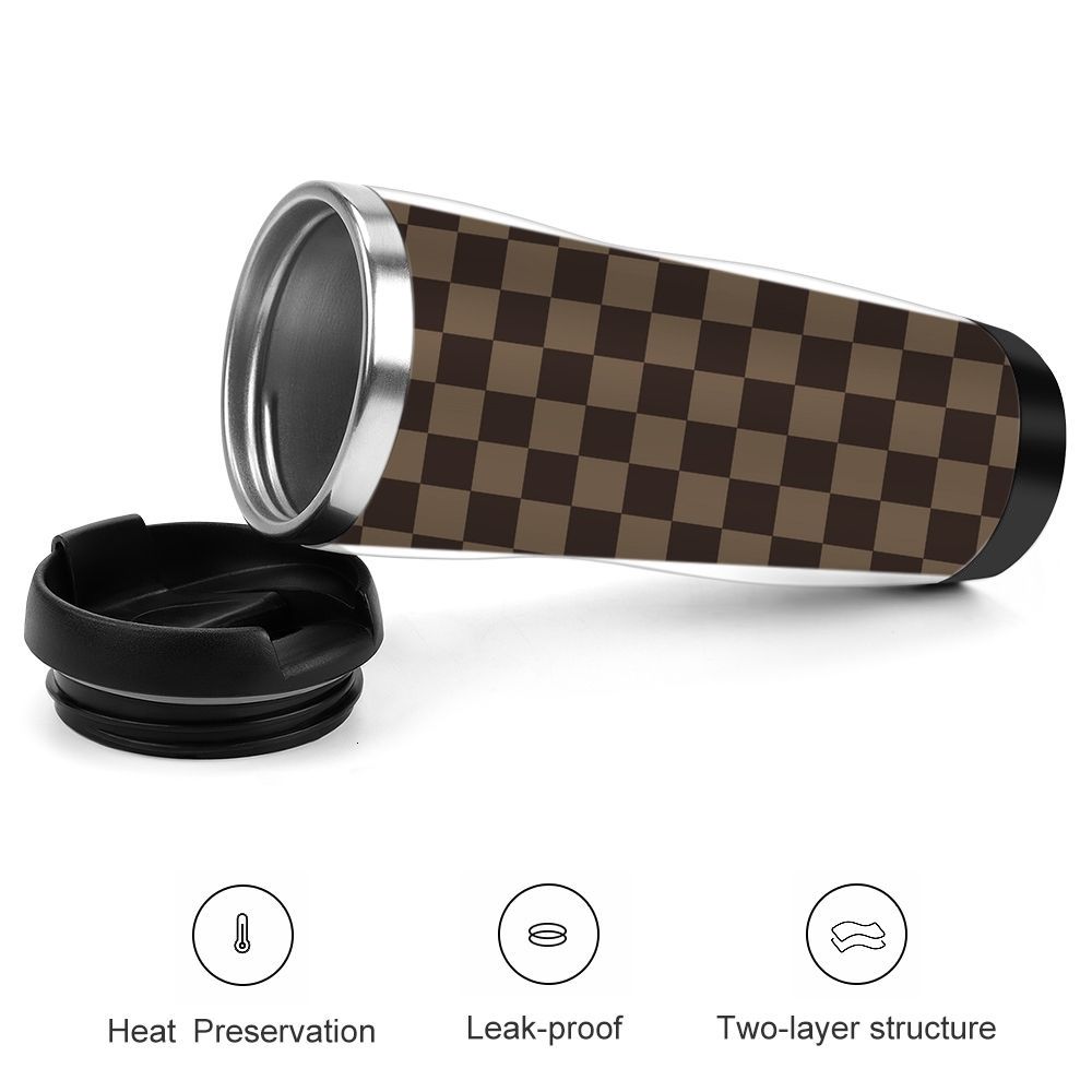 Luxury Stainless steel water cup designer travel mug with luxcury brown checkered pattern on the front