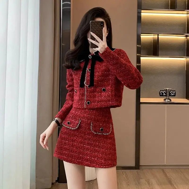 Autumn Winter Sequins Tweed 2 Piece Sets Women Spliced Long Sleeves Jackets Blazer Elegant Straight Mini Sskirt Suits 251023