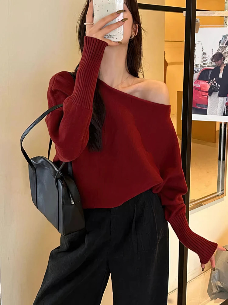 Batwing Long sleeve Knitted Pullover Women 300g Thick Off shoulder Top Korean Fashion Sweater Loose Casual Autumn Outwear Pull 251027